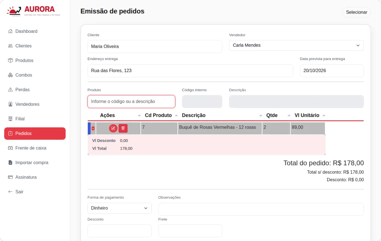 Emissão de pedido com cliente, endereço e data prevista de entrega